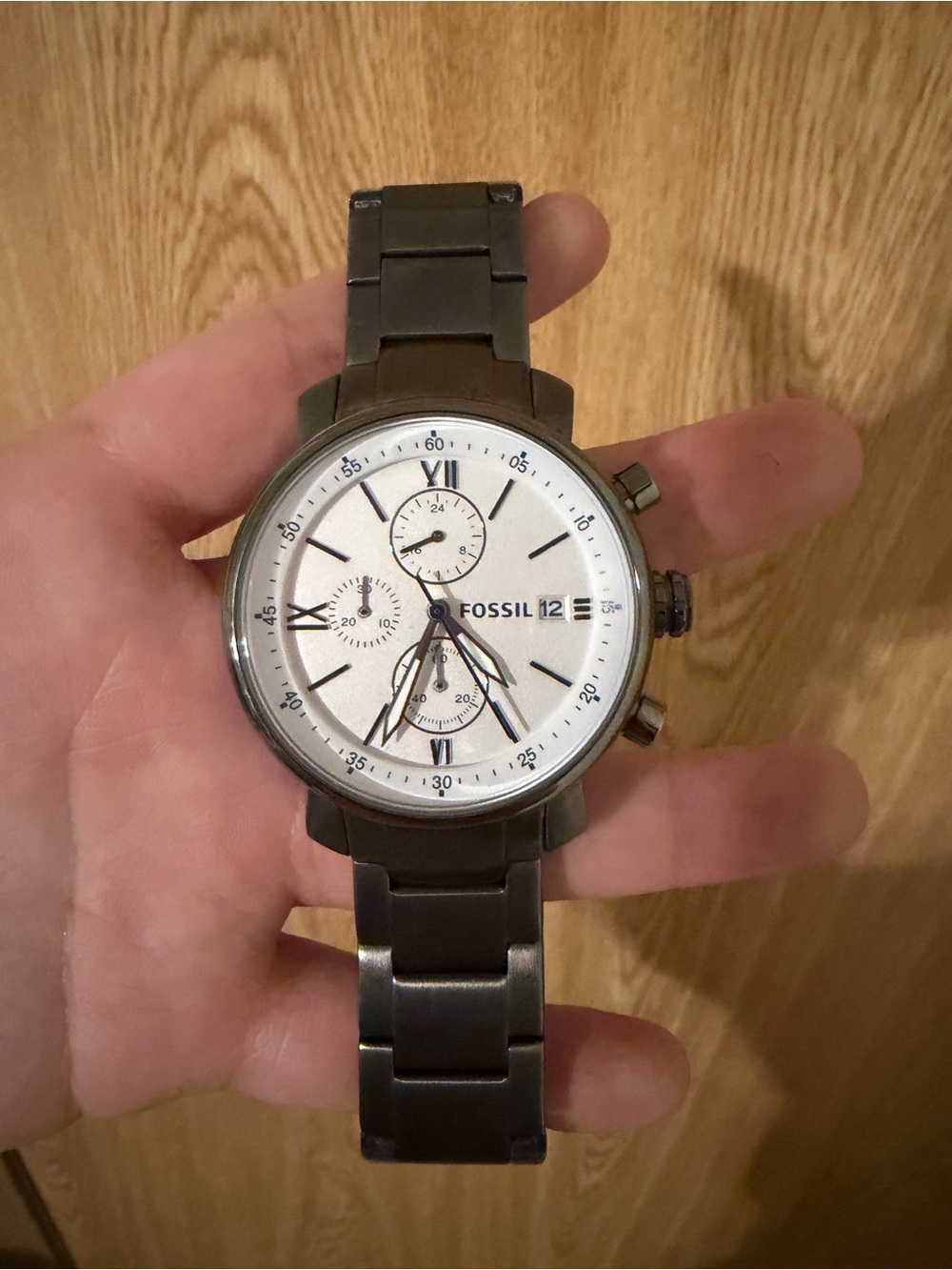 Fossil Chronograph Watch with White Dial and Dark Metal Bracelet